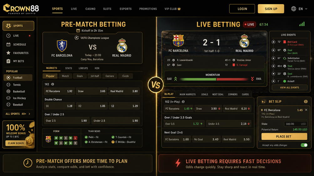 pre-match vs live betting split screen on crown88
