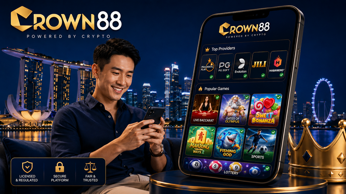 Singaporean man browsing Crown88 popular providers games