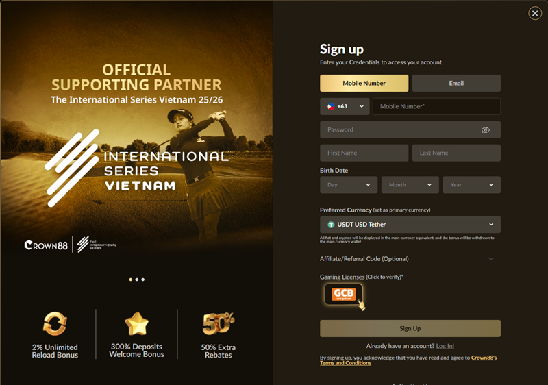 crown88 registration page screenshot
