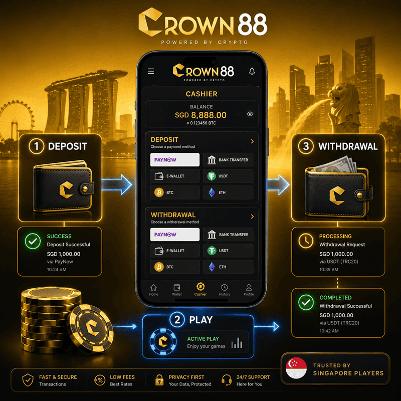 crown88 sg deposit and withdrawal infographic